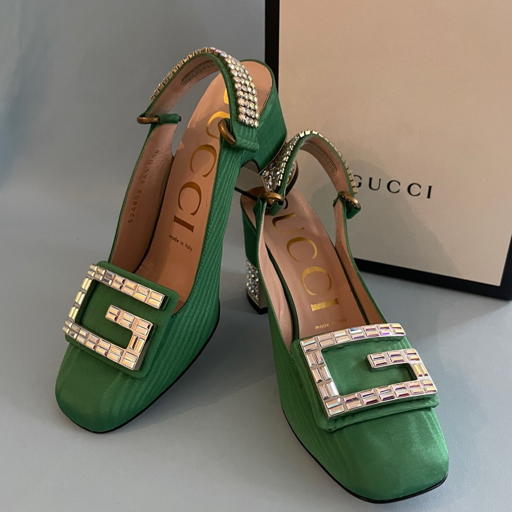 Rare Gucci Green Moire & Crystal Slingback heels 36.5